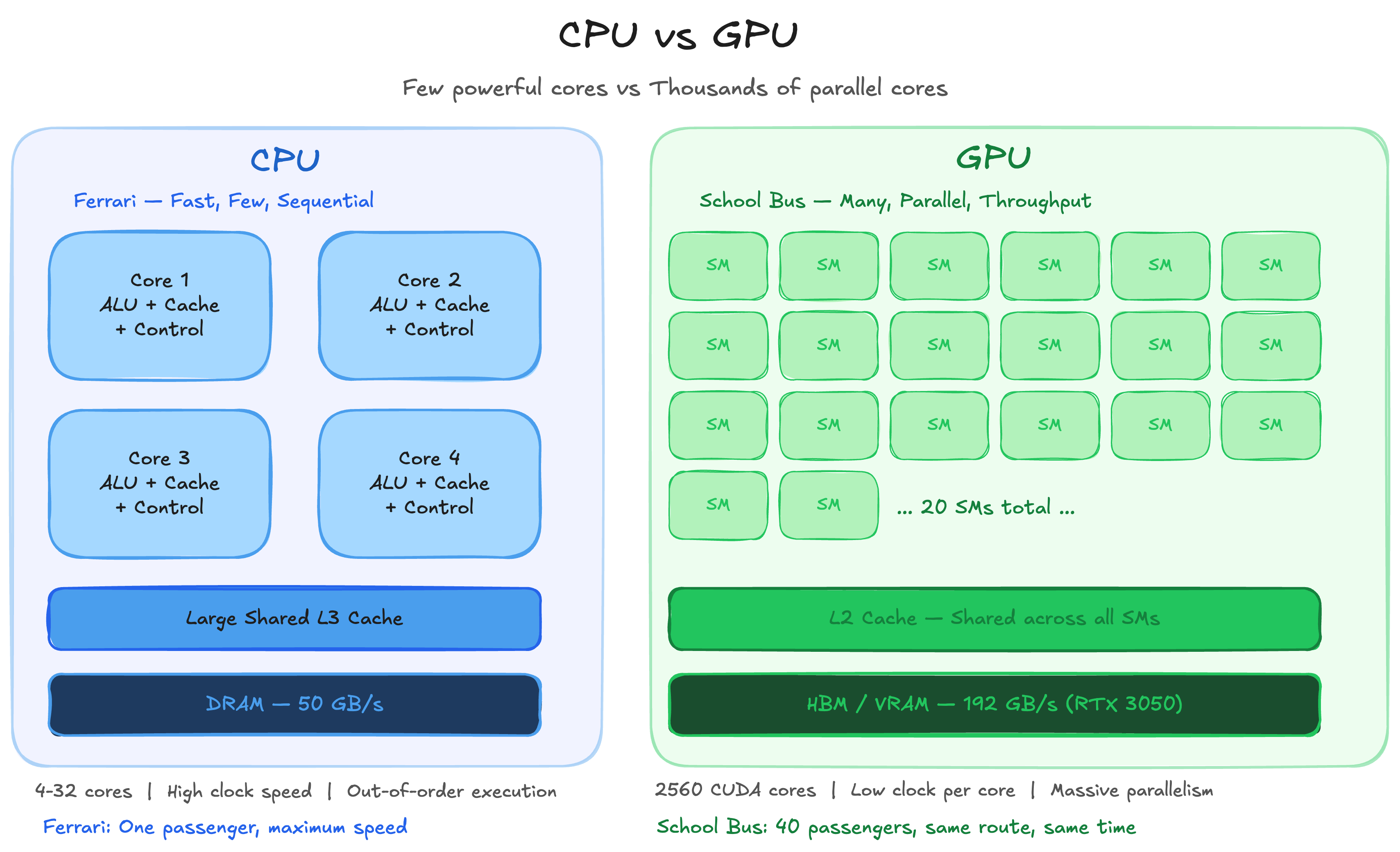 CPU vs GPU — Ferrari vs School Bus analogy showing few big cores vs thousands of small cores